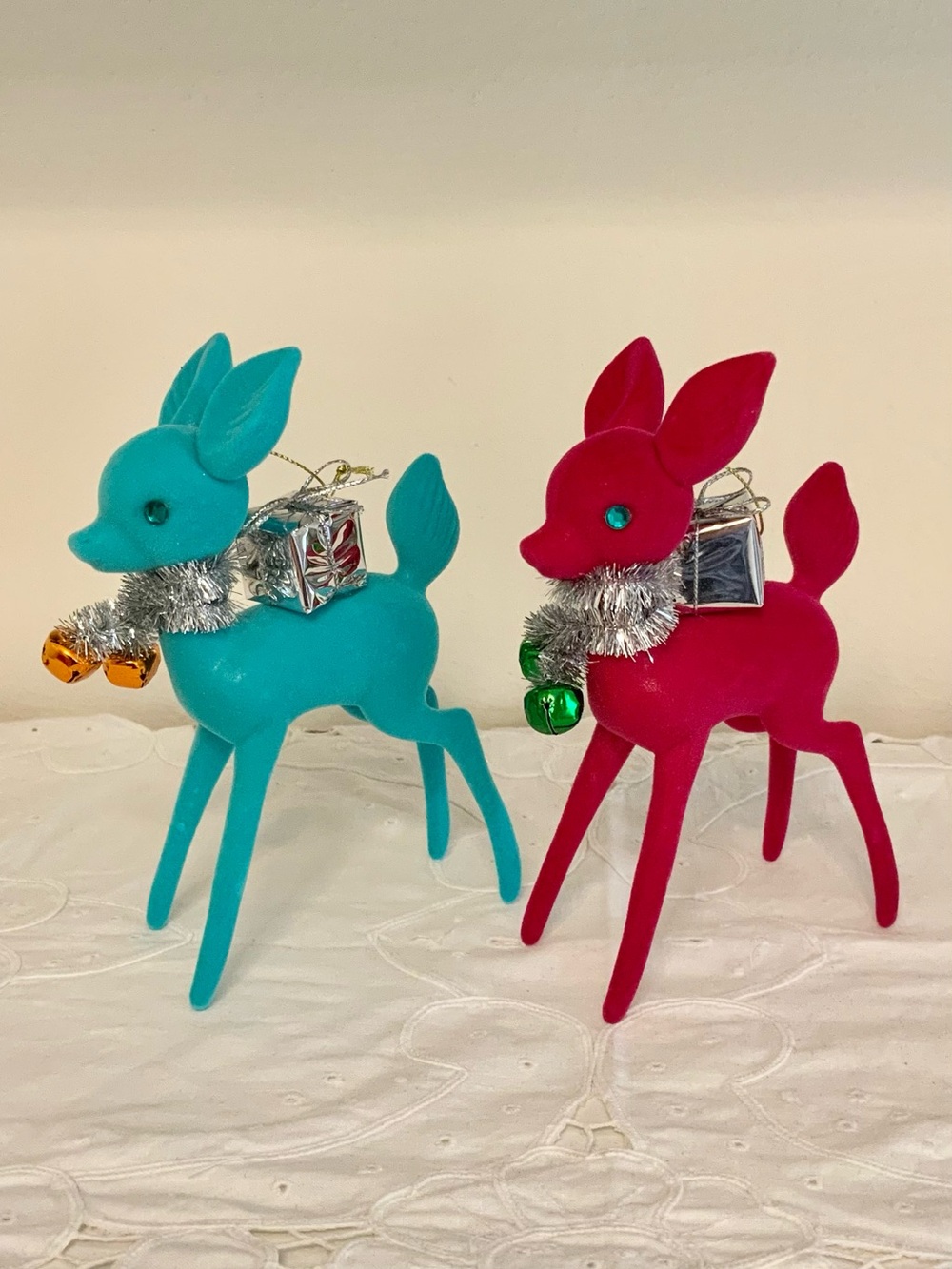 Teal and Pink Festive Velvet Deer Figurines - Brand